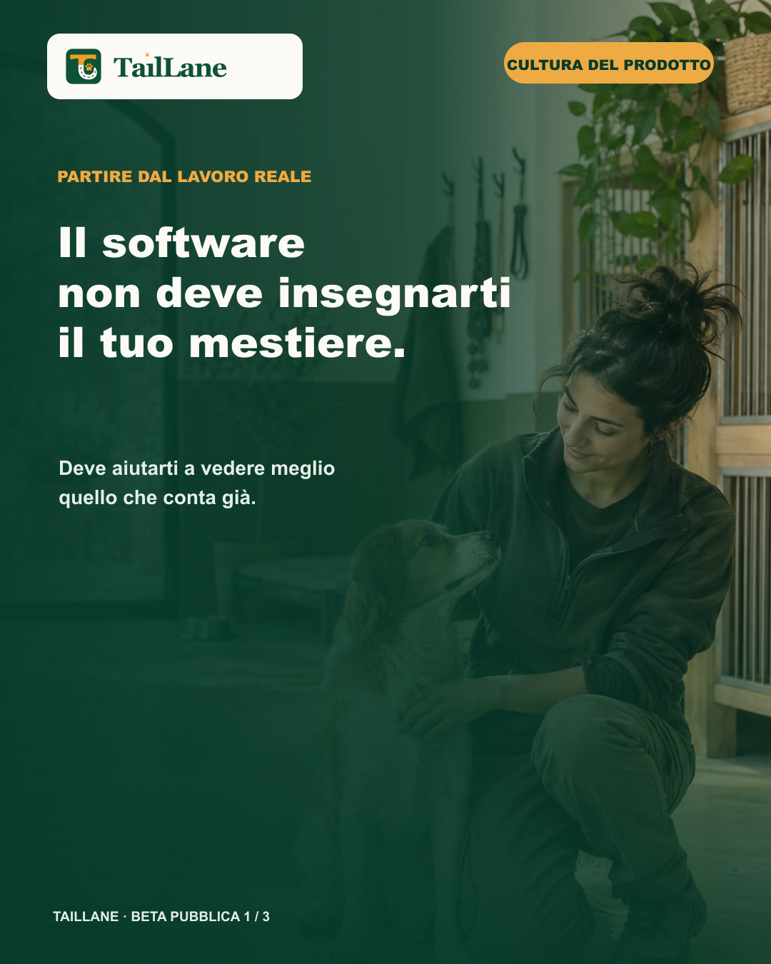 TailLane carousel with an editorial photograph of a pet-care professional and a dog in a bright facility, the canonical wordmark and the title Software should not teach you your own job. The copy says software should help people see what already matters; there are no application screens, third-party brands or personal data.